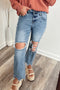 Distressed Open Knee Raw Hem Fit Flare Jeans