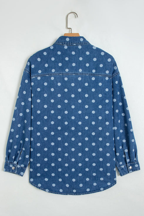 Polka Dot Long Sleeve Collar Shift Tunic Denim Jacket