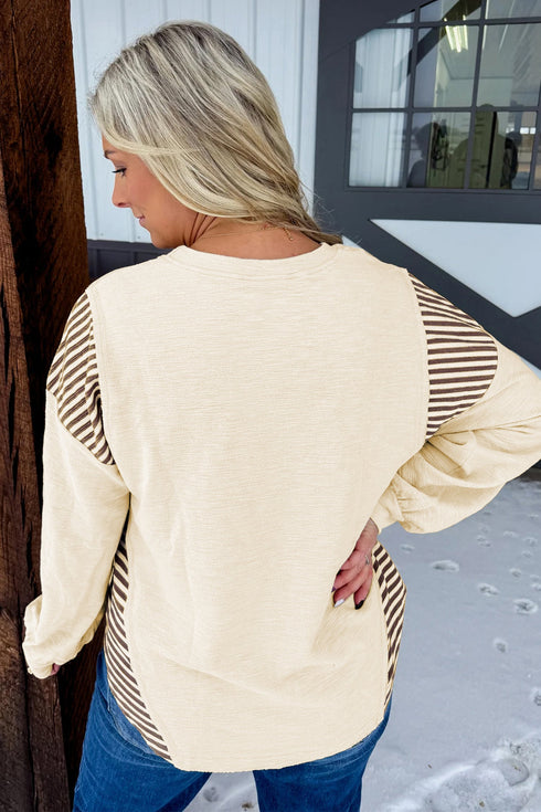 Western Print Striped Detail Long Sleeve Top