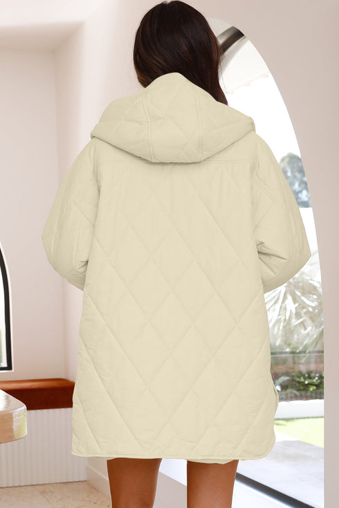 Solid Quilted Snap Button Hooded Puffer Coat