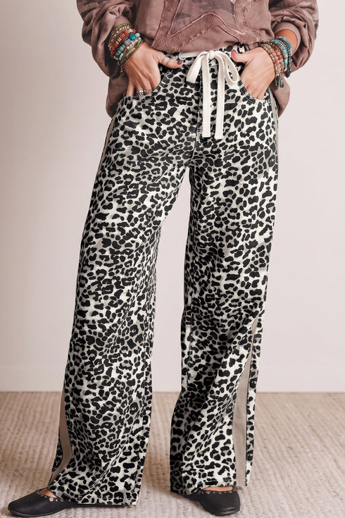 Leopard Print Drawstring Waist Straight Leg Jeans