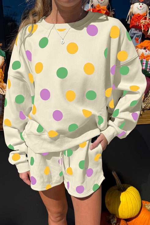 Polka Dot Drop Shoulder Pullover Drawstring Shorts Set