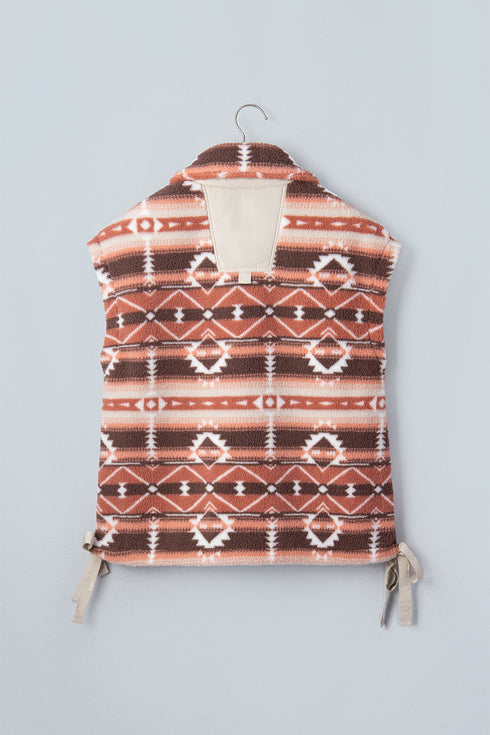 Geometric Print Fleece Metal Button Placket Shift Silhouette Vest