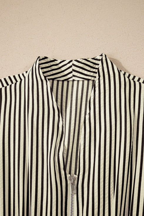 Modern Striped Zip Front Cinched High Waist Midi Dress