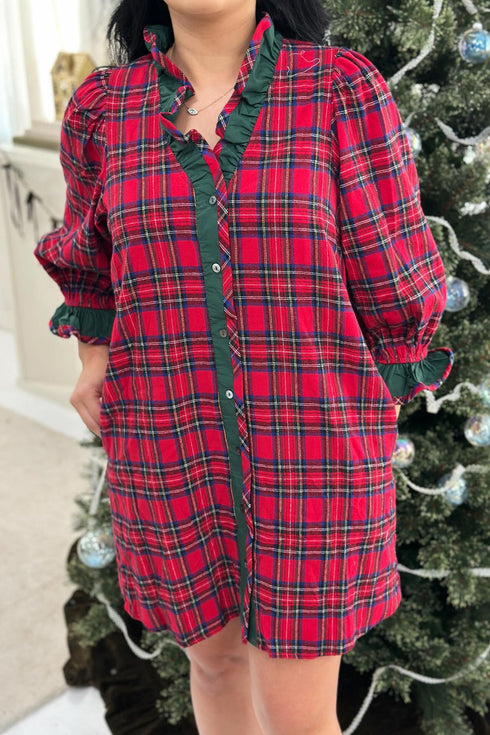 Plaid Ruffle Cuff Button Front Pocket Mini Dress