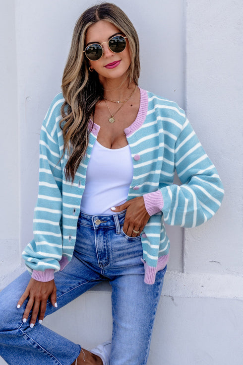 Striped Long Sleeve Round Neck Open Front Cardigan