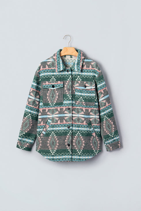 Aztec Geometric Print Button Front Long Sleeve Shacket