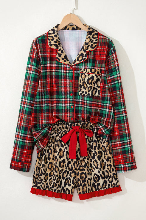 Plaid Leopard Print Patchwork Long Sleeve Shorts Sleepwear