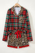 Plaid Leopard Print Patchwork Long Sleeve Shorts Sleepwear