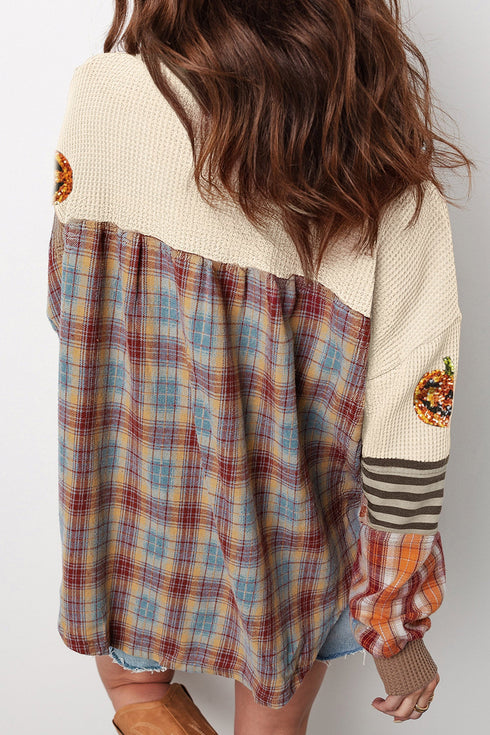 Sequined Pumpkin Face Patch Henley Waffle Long Sleeve Tee