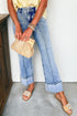 Center Seam Cuffed Hem Straight High Waist Denim Jeans