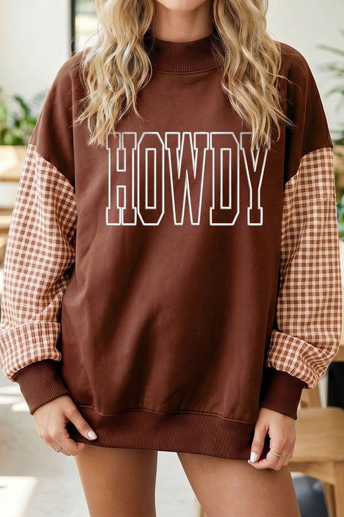 Howdy Embroidered Plaid Sleeve Mock Neck Sweatshirt