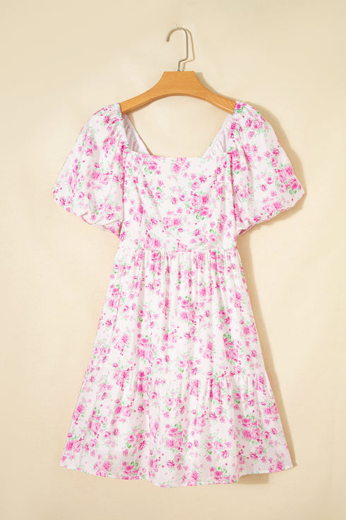 Floral Print Square Neck Ribbon Knot Back Mini Dress