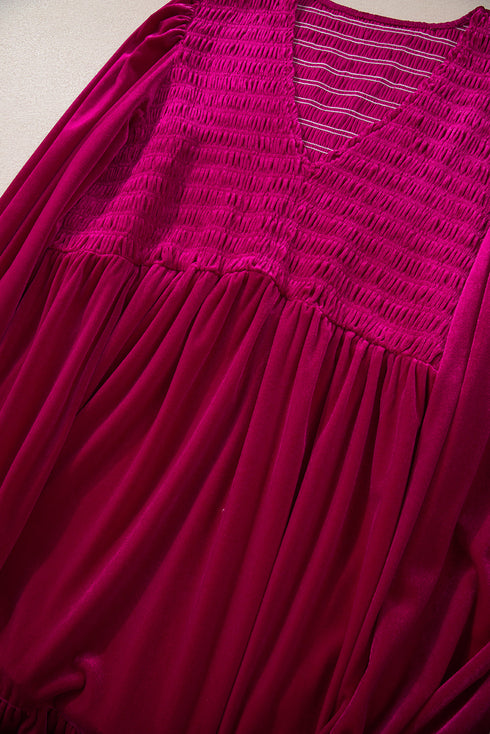 Smocked V Neck Tiered Ruffled Velvet Maxi Dress