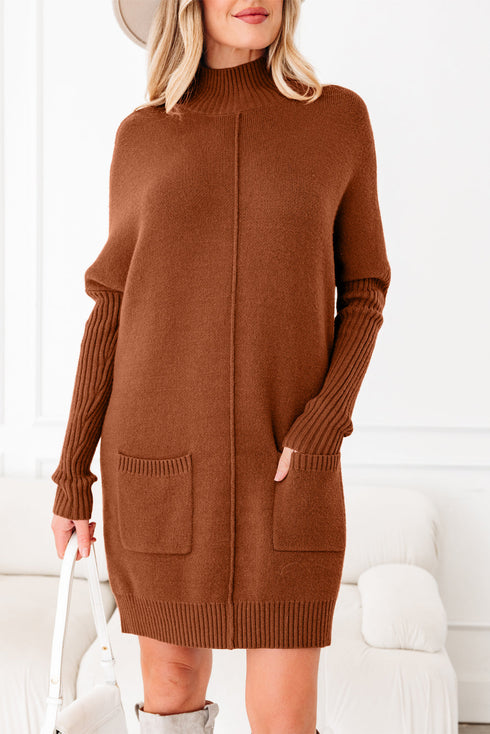 Cozy Mock Neck Ribbed Cuff Pocket Sweater Dress