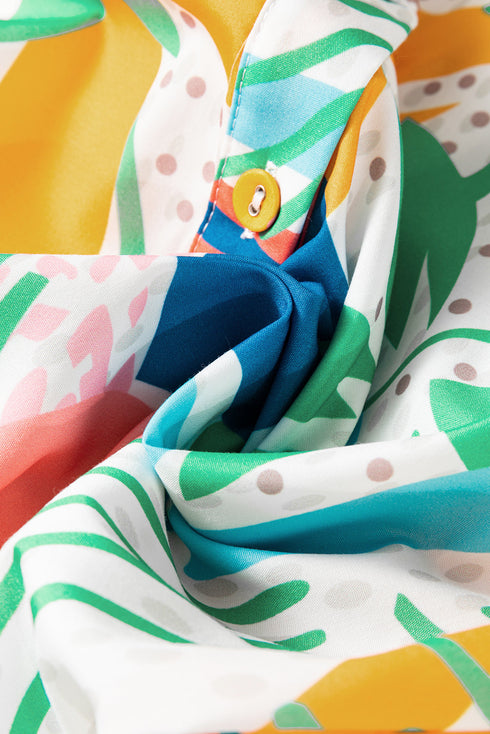 Abstract Leaf Print Ruffled High Neck Blouse