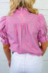Striped Ruffle Trim Half Button Puff Sleeve Blouse