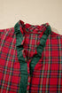 Plaid V Neck Ruffle Trim Short Sleeve Blouse
