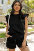 Textured Ruffle Sleeve Drawstring Waist Solid Short Set