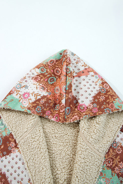 Bohemian Floral Print Sherpa Lined Fleece Hooded Jacket