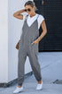 Exclusive Textured Ribbed Sleeveless V Neck Pocketed Jumpsuit