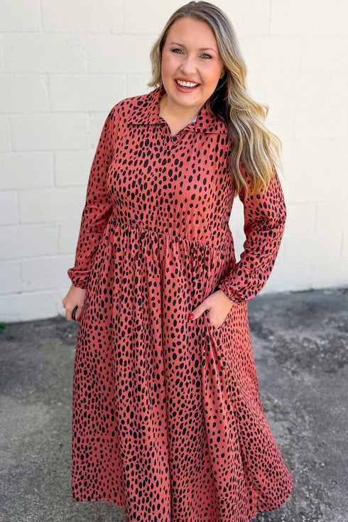 Leopard Print Long Sleeve V Neck Midi Dress