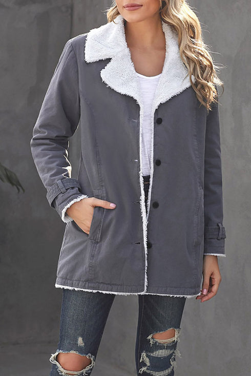 Lapel Collar Button Front Warm Fleece Jacket