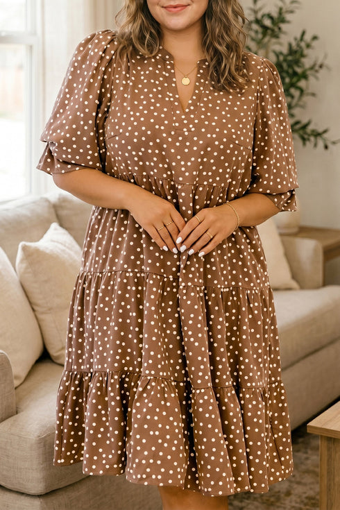 Polka Dot V Neck Long Sleeve Shift Mini Dress