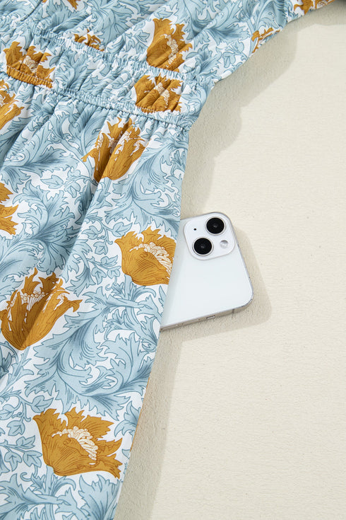 Bohemian Frilled V Neck Bracelet Sleeve Long Floral Dress