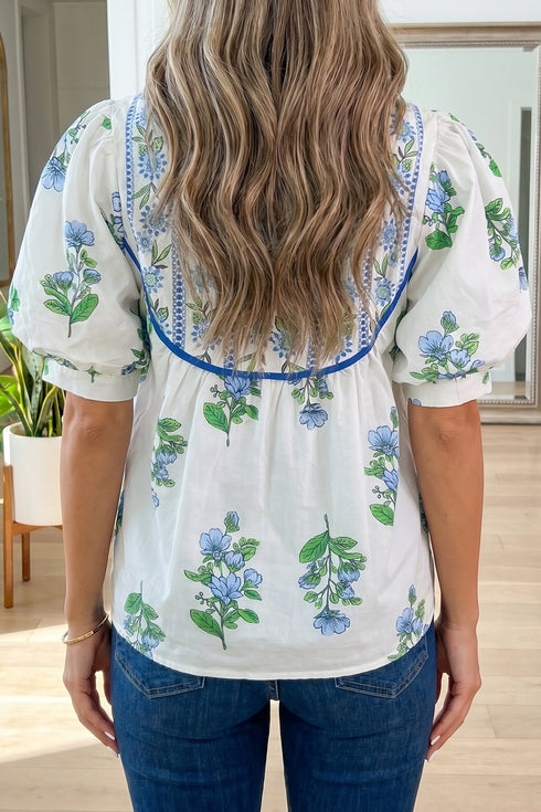 Floral Print Contrast Trim Puff Sleeve Tie Neck Blouse