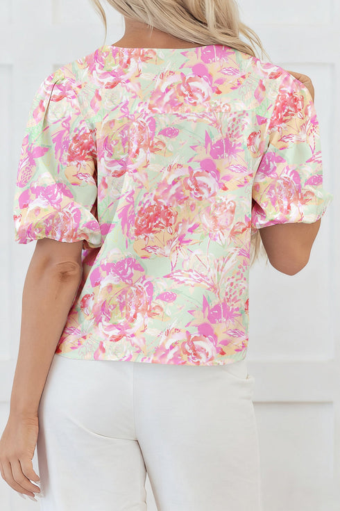 Southern Belle Floral Ribbon Knot Puff Sleeve Blouse