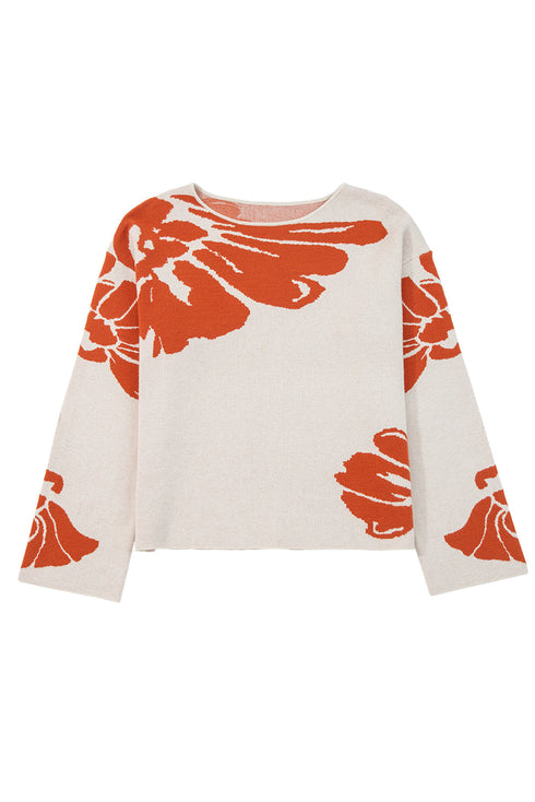 Abstract Botanical Print Boat Neck Knit Pullover Sweater