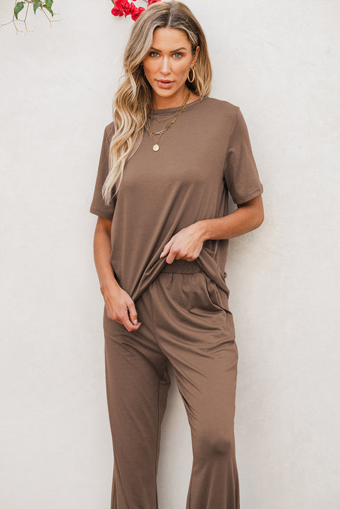 Casual Solid T Shirt Wide Leg Pant Set
