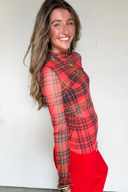 Sheer Plaid Round Neck Long Sleeve Pullover Top