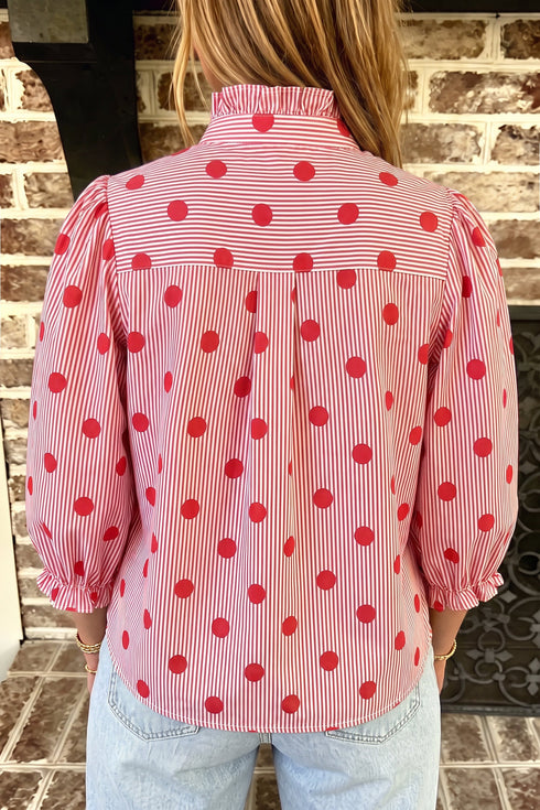 Polka Dot Striped Ruffle Stand Neck Three Quarter Sleeve Shift Shirt