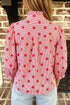 Polka Dot Striped Print Ruffle Stand Neck Three Quarter Sleeve Shift Blouse