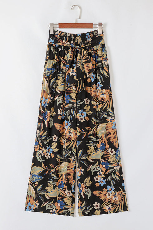 Bohemian Floral Print Smocked Waist Wide Leg Pants
