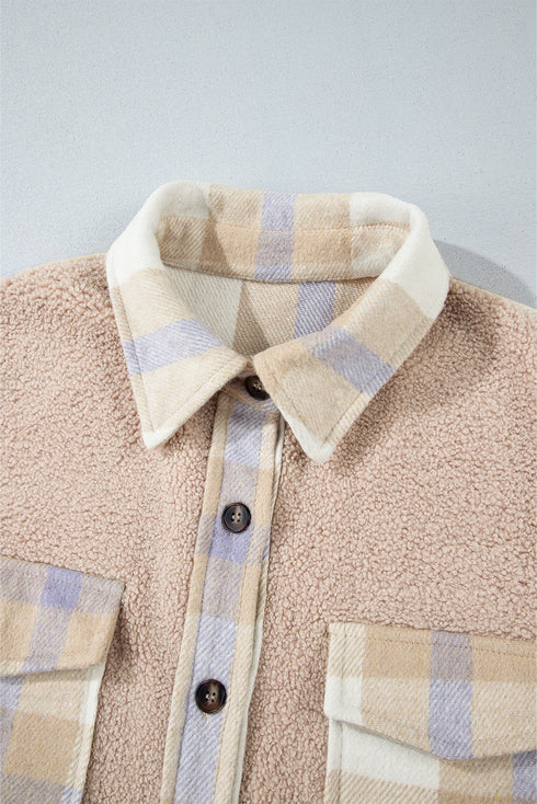Casual Plaid Patchwork Sherpa Fleece Collared Long Coat