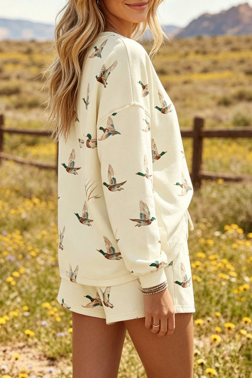 Free Mallard Print Drawstring Long Sleeve Short Set