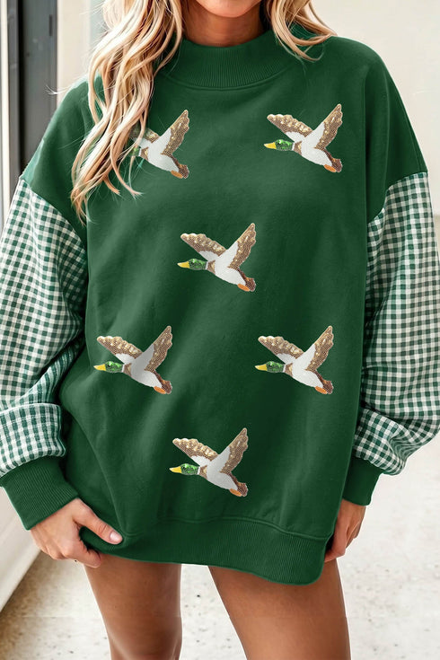 Sequin Mallard Graphic Plaid Sleeve Pullover Sweatshirt