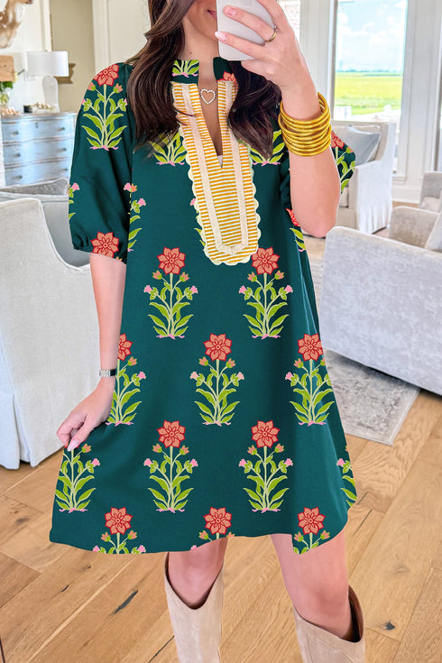 Striped Patchwork Floral Print Rick Rack Short Sleeve Dress