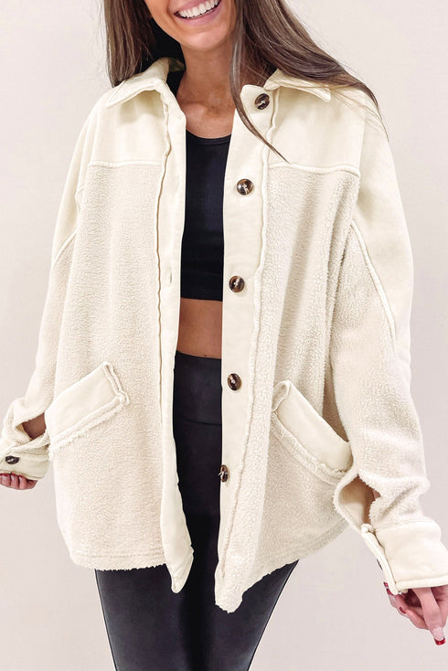 Casual Fleece Button Up Stitching Pocket Raw Hem Jacket