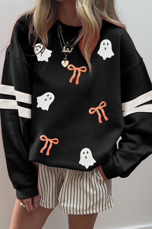 Sequin Ghosts Bows Graphic Varsity Striped Sleeve Pullover Sweatshirt