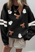 Sequined Ghost Bow Graphic Varsity Striped Sleeve Sweatshirt