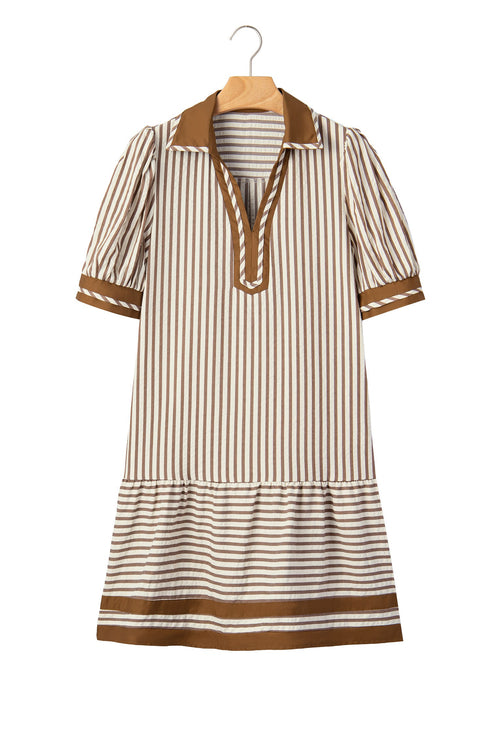 Stripe Shirt Collar Patchwork Trim Ruffle Hem Mini Dress