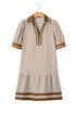 Stripe Shirt Collar Patchwork Trim Ruffle Hem Mini Dress