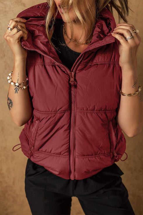 Solid Quilted Zip Front Hooded Puffer Vest