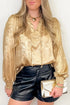 Metallic Sheen V Neck Gathered Cuff Long Sleeve Elegant Blouse