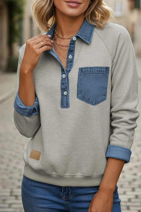 Workwear Denim Collar Patchwork Long Sleeve Pullover Top