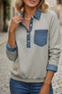 Denim Collar Patchwork Long Sleeve Pullover Top